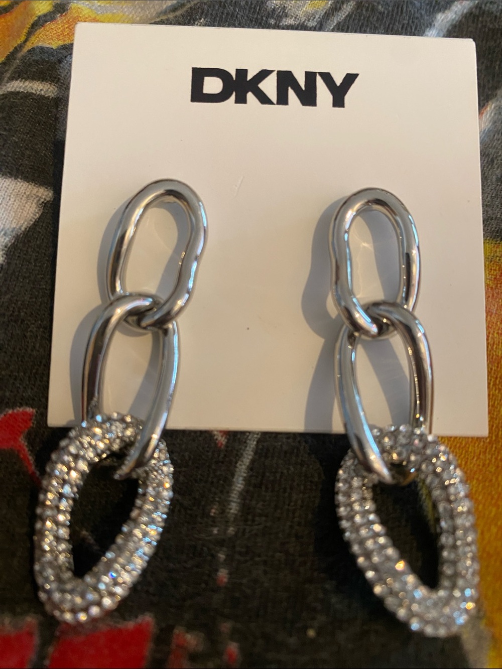 DKNY Silver Linked Drop Earrings with Crystal-Studded Links